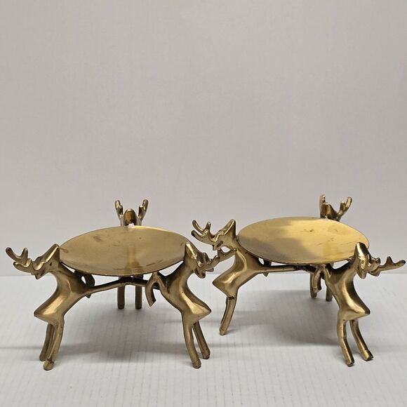 Vintage Brass Deers Candle Holder Set 3 Reindeers Holding Tray MCM - Picture 1 of 8